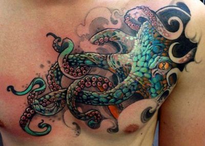мужские тату на грудной клетке осьминог